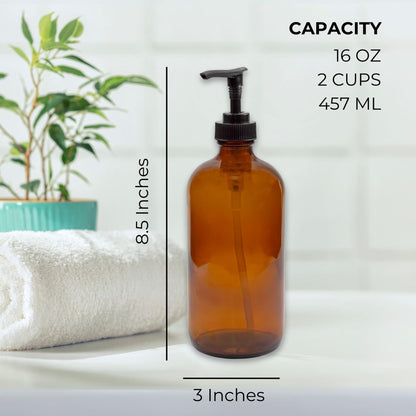 Cornucopia Brands 16oz Amber Glass Bottles w/ Pump Dispensers (2-Pack); Refillable Lotion Liquid Soap Pump Brown Bottles Labels, BPA-Free Plastic Tops