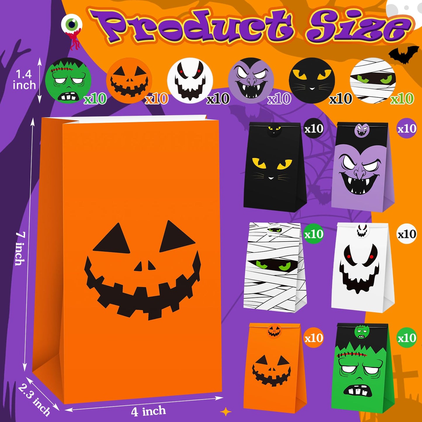 TaoBary Halloween Treat Bags Cute Trick or Goody Bags Halloween Paper Favor Bag with 6 Assorted Designs Stickers for Trick or Goody Birthday Party Event Supplies(60 Pcs)