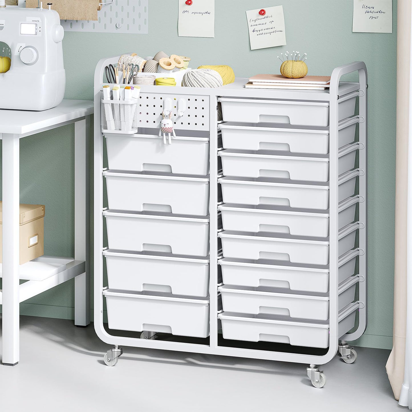 14-Drawers Rolling Storage Cart with Tabletop & Pegboard, Multi-Purpose Utility Organizer Cart for Home, Classroom, Office, Dorm & Bedroom