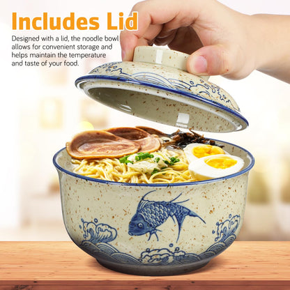 CALLARON 26 oz Ceramic Ramen Bowl, Japanese Noodle Bowls Set of 2, Large Soup Bowl with Lid, Spoons and Chopsticks, Vintage Ramen Dish for Pho, Udon, Noodles, 6 inch, Microwave Dishwasher Safe