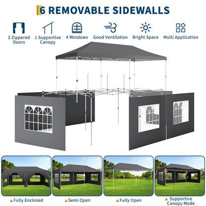 10x20 Pop Up Canopy Party Tent with 6 Removable Sidewalls, Waterproof Outdoor Large Gazebo Shelter with Adjustable Height for Backyard, BBQ, Wedding Events