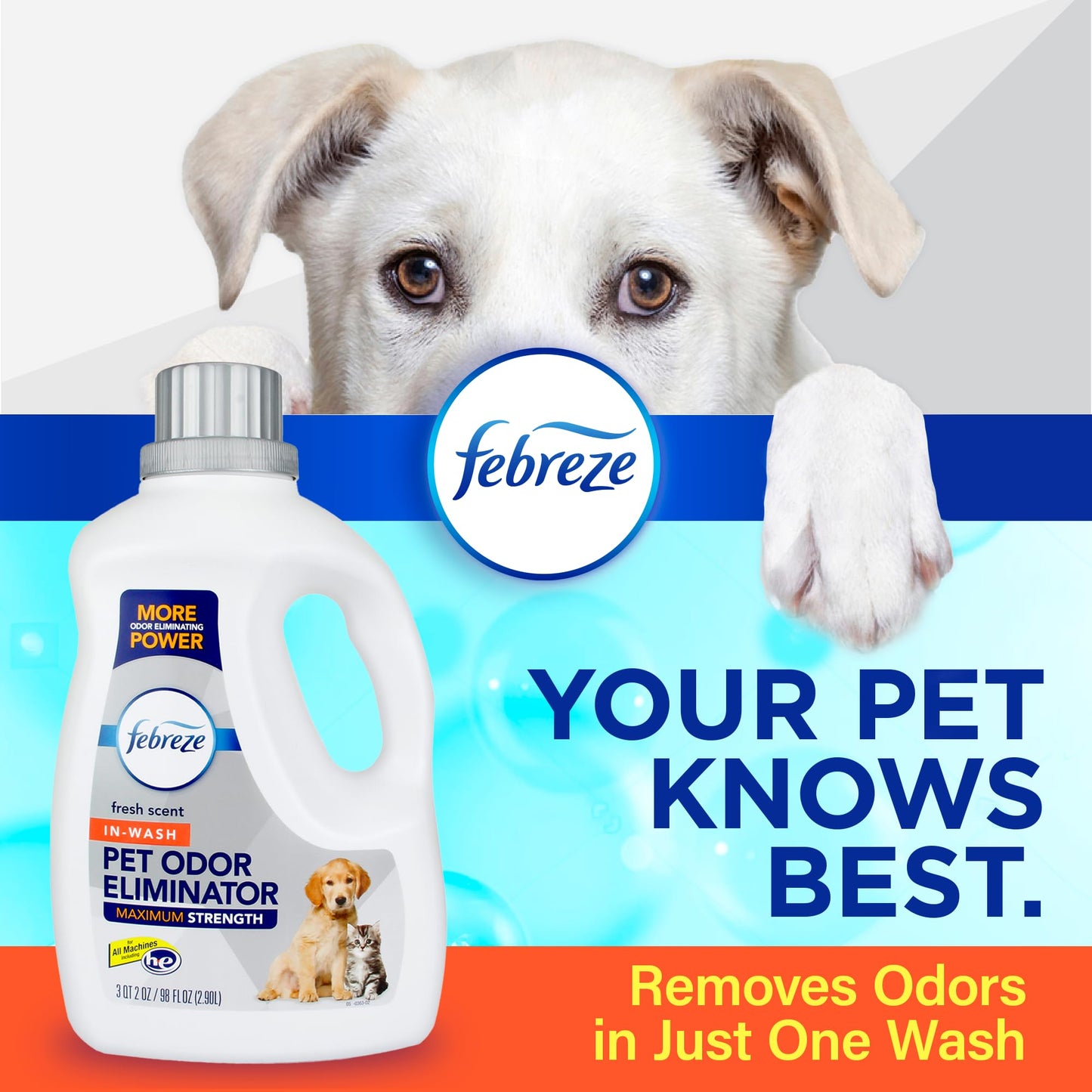 Febreze Laundry Detergent Additive for Pet Supplies, Maximum Strength In Wash Pet Odor Eliminator, Designed to Remove Tough Odors in Fabrics and Clothing in a Single Wash, Fresh Scent, 98 fl oz