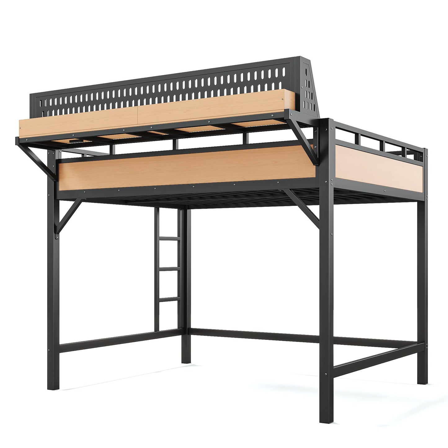 Bellemave Queen Size Loft Bed with Ladder and Storage Shelves and Storage Shelves and Pegboard, Metal Loft Bed Frame with USB Ports and LED Lights for Adults, Kids, Teens, Black