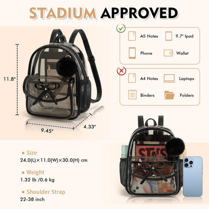 ASKSKY Clear Backpack for Stadium Events 12x12x6, Thick PVC Small Clear Bag with Leather Trim Fashion Women Backpack for Concerts, Sports, Festivals, Work, Travel-Black