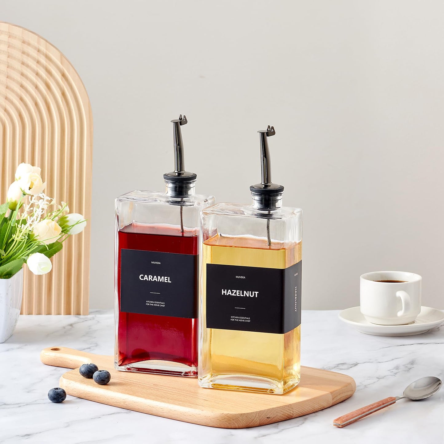 MUVEKA Olive Oil Dispenser Bottle for Kitchen, 16.9 oz/ 500 ml Cooking Oil Container, Glass Oil Dispenser Set, Glass Cruet for Oil with Pourer Spouts, Coffee Syrup Dispenser