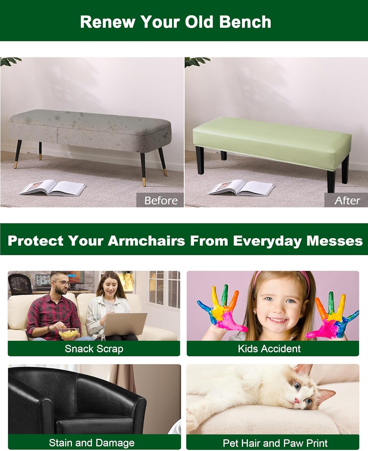 CRFATOP PU Dining Bench Slipcover Waterproof Bench Seat Cushion Covers Stretch Upholstered Bench Slipcover Removable