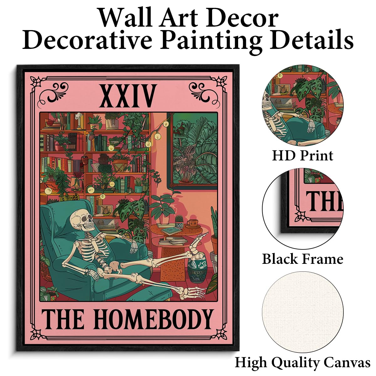 Spooky Framed Canvas Wall Art the Homebody Tarot Card Poster Print Wall Decor Sarcastic Skeleton Painting for Home Office Living Room Bedroom Decoration 11.5x15 Inches