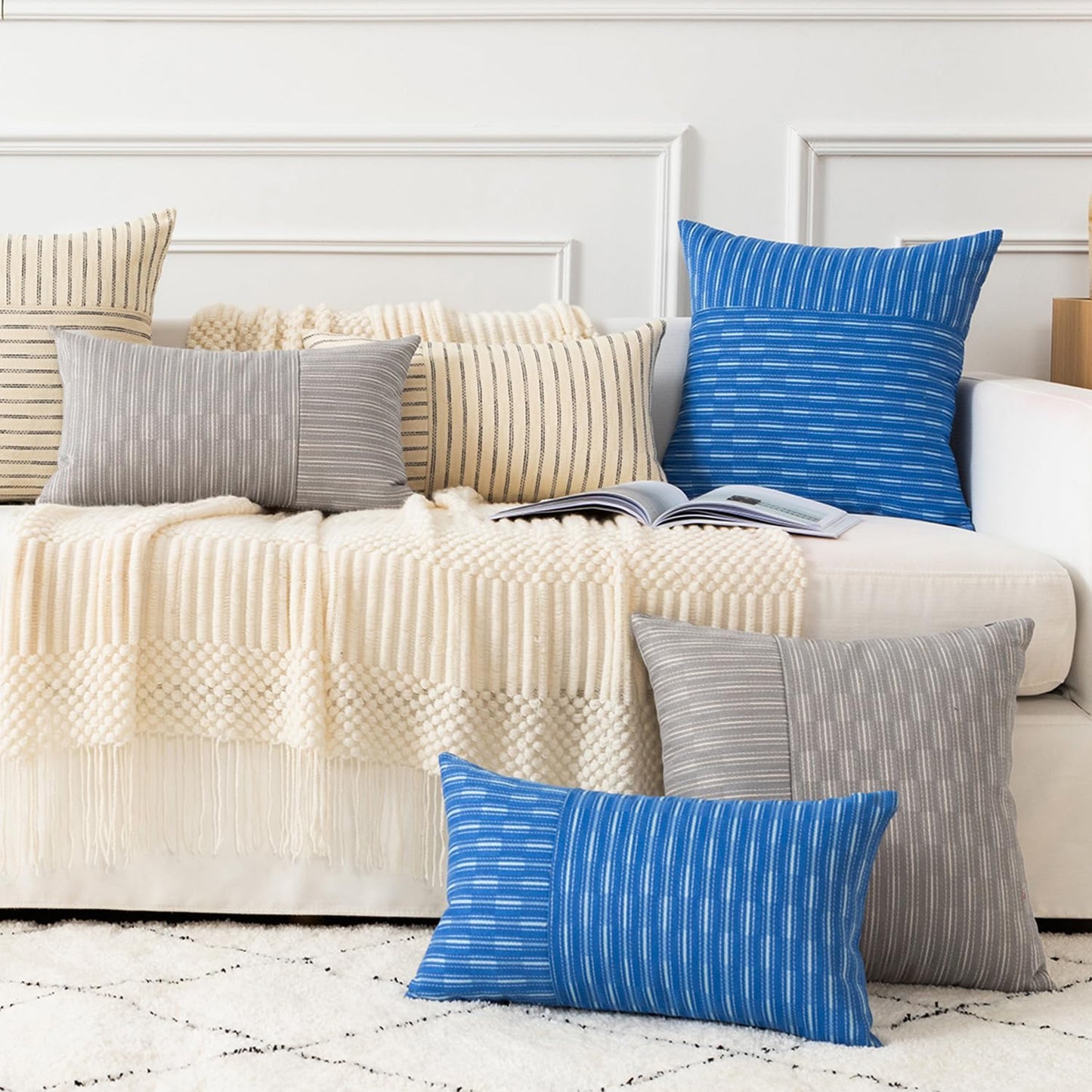 20x20, Set 2, Kevin Textile Grey and Beige Farmhouse Striped Patchwork Linen Decorative Throw Pillows Covers of Modern