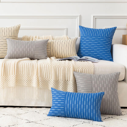 20x20, Set 2, Kevin Textile Grey and Beige Farmhouse Striped Patchwork Linen Decorative Throw Pillows Covers of Modern