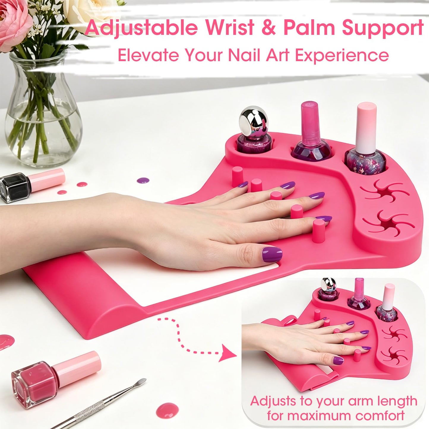 3-in-1 Silicone Nail Arm Rest & Nail Polish Holder for Manicure and Pedicure,Hand Rest Mat with Anti-Spill Bottle Stand & Finger Separators for Nail Art Tools,Fingernail Painting Accessories(Rose Red)
