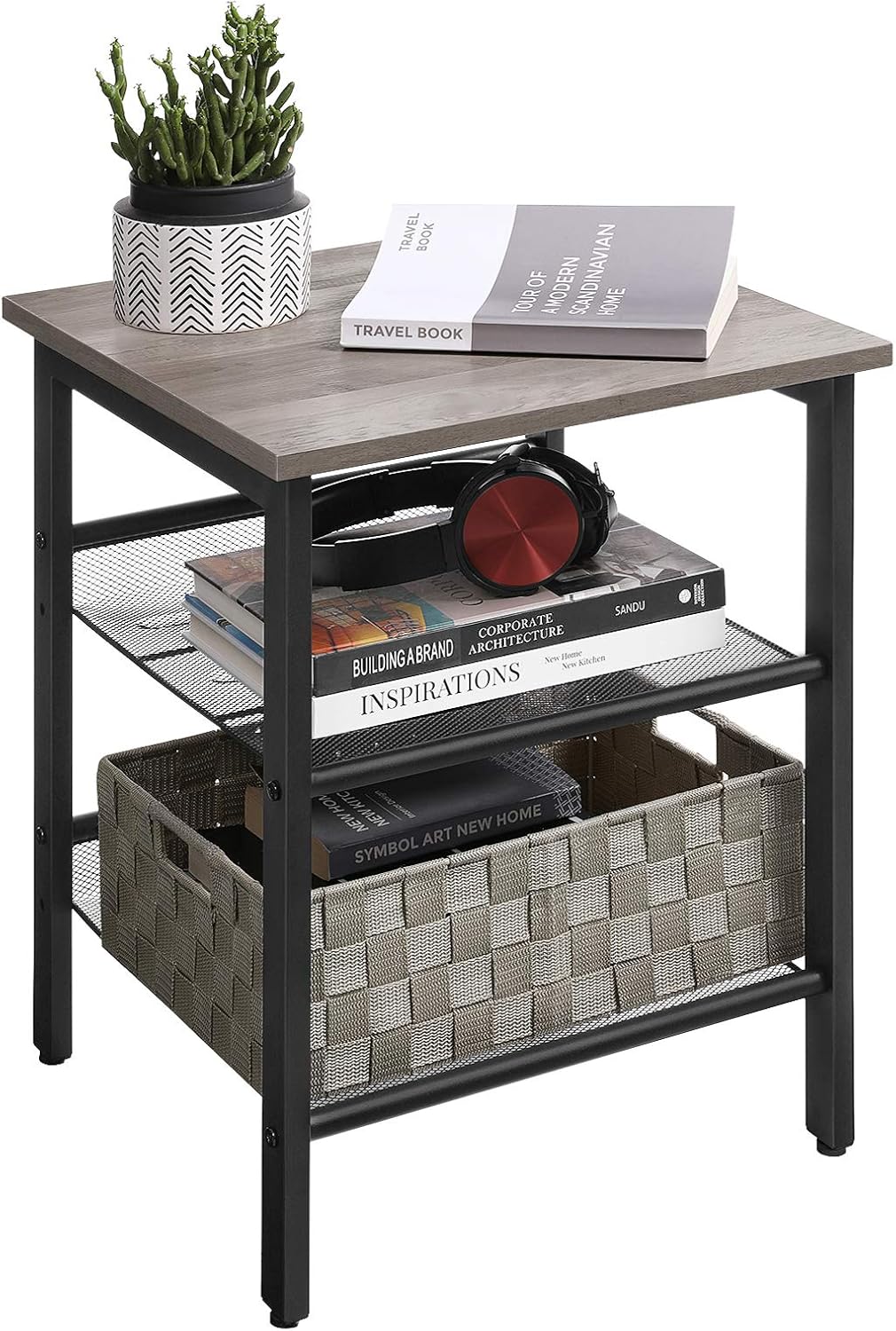 2 ULET023B02 VASAGLE INDESTIC End Table, Nightstand with Adjustable Mesh Shelves, Industrial Side Table for Living