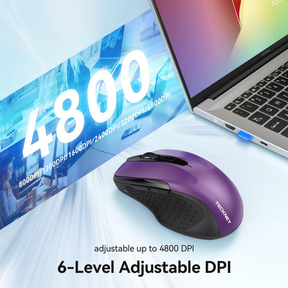 TECKNET Rechargeable Jiggler Wireless Mouse (BT5.0/3.0 & 2.4G) 4800 DPI Silent USB A & Bluetooth Mouse 6 Buttons, Wide Compatibility - Black