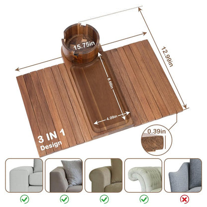 Couch Cup Holder for Armrests Over 4.9" Wide, Acacia Wood Couch Arm Tray with 360° Rotating Cup Holder, 3 in 1 Foldable Sofa Arm Tray Table for Remote, Snacks, Phone, Drinks