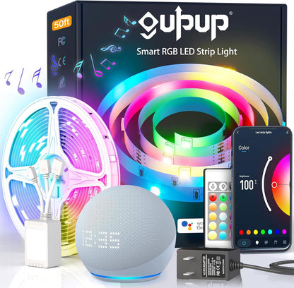 GUPUP Smart WiFi LED Strip Lights 50ft, Compatible with Alexa & Google Assistant, Color Changing, Music Sync, Voice Control, App & Remote Controlled Indoor Lighting for Bedroom, Party, Home