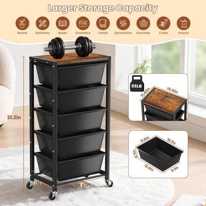 Rolling Cart with 5 Drawers, Plastic Drawer Storage Carts with Wheels & Wooden Tabletop, Metal Utility Cart for Office Bedroom Living Room Classroom, Craft Organization and Storage, Black
