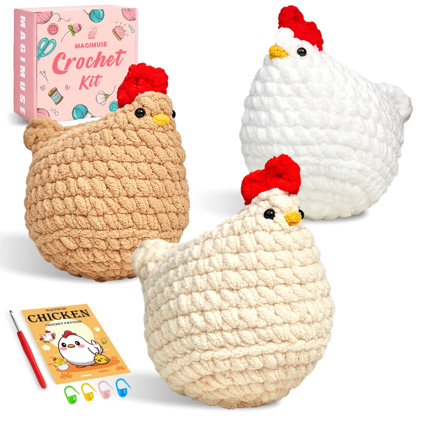 MAGIMUSE Crochet Kit for Beginners, Crochet Starter Kits for Adults Amigurumi Craft Knitting Crochet Animals Kits with Step-by-Step Video Tutorials, 3 Pcs Chicken (40%+ Yarn)