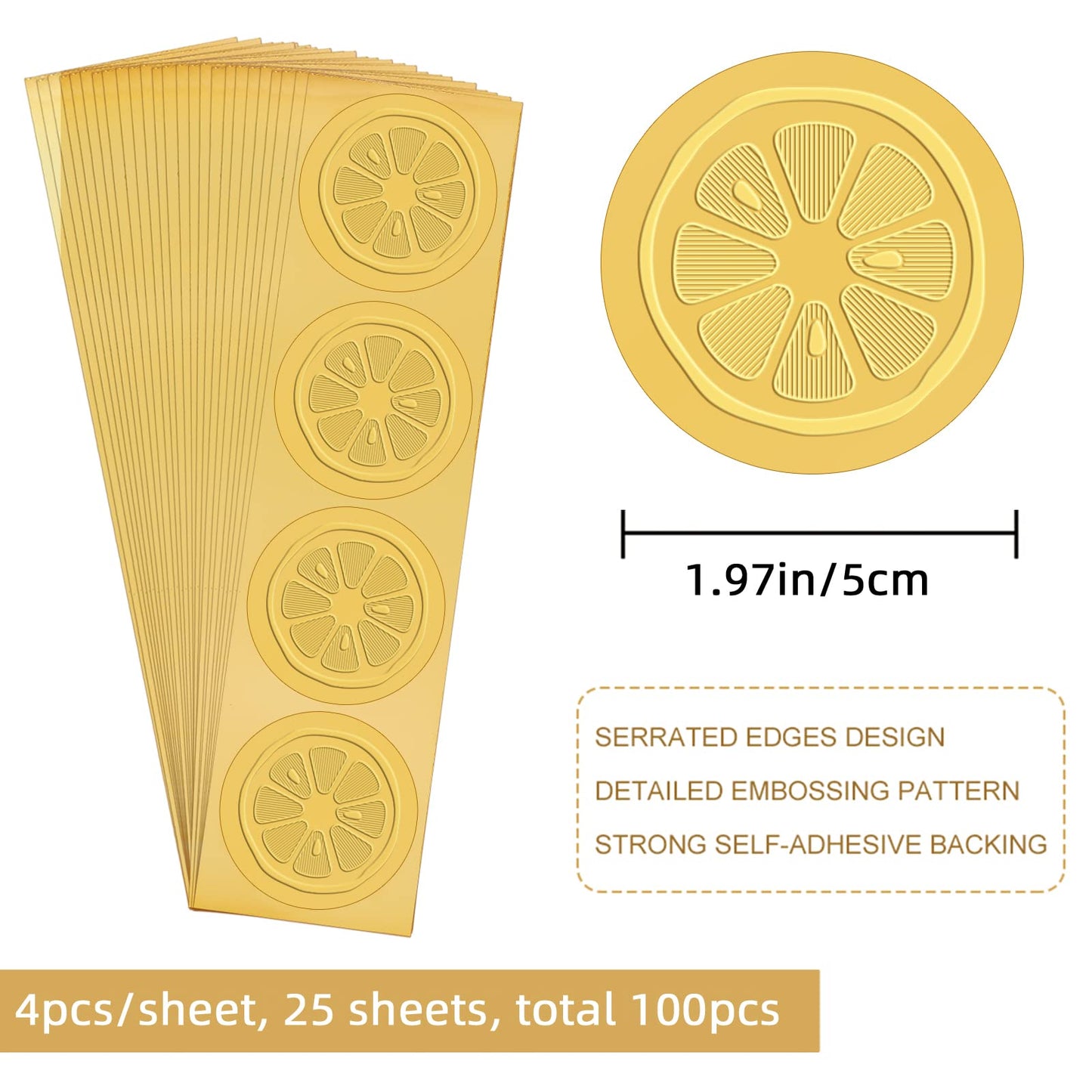 CRASPIRE 2 Inch Envelope Seals Stickers Lemon Fruit Citrus Slice 100pcs Embossed Foil Seals Adhesive Gold Foil Seals Stickers Label for Wedding Invitations Envelopes Gift Packaging