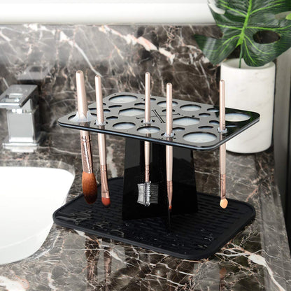 ReignSword 28 Hole Makeup Brush Drying Rack with Mat, Collapsible Makeup Brush Holder with Silicone Mat, Brush Dryer Stand, Make Up Organizer for Vanity Countertop