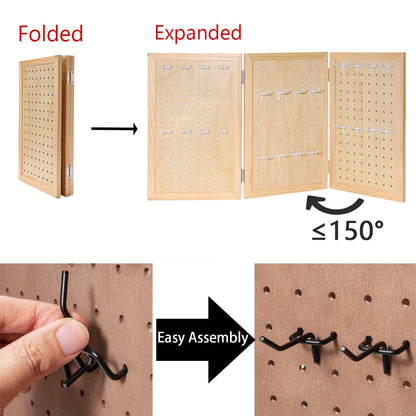 humberboat Wooden Foldable and Portable 3-Panel Pegboard Jewelry Display Organizer with 24 Removable White Metal Hooks for Bracelets, Earrings and Keychains, Versatile Countertop Rack for Store