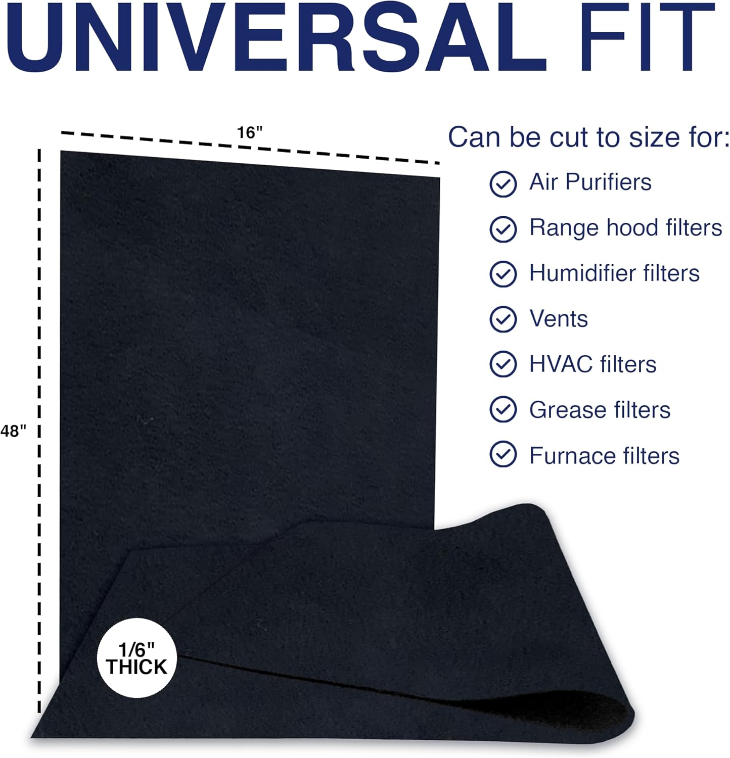 Cut To Fit Air Filter - Carbon Pad Pre Filter for Air Purifiers, Furnace Filters, 1/6" thick, 16" x 48" - 2 Pack