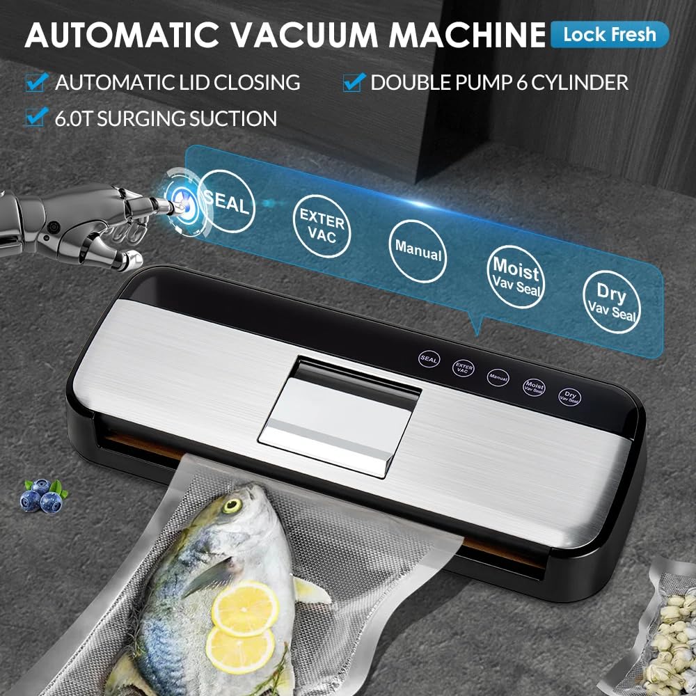 85KPa Vacuum Sealer Machine, One-Touch Automatic Food Sealer with 15 Bags, Dry/Moist/Seal/Manual/External Vac, 7MM Heating wire, Compact Easy-Clean for Food Storage and Sous Vide