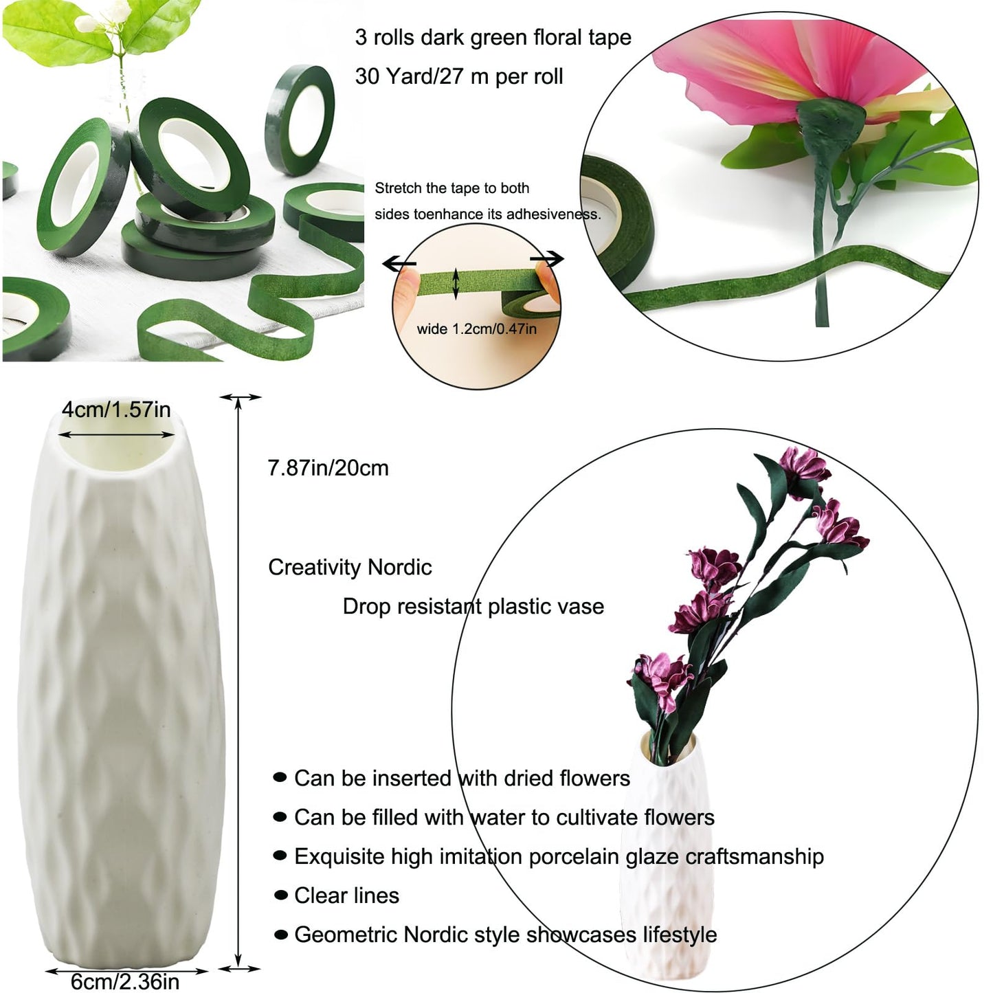 Floral Tape and Wire Arrangement Tools Kit with Wire Cutter - 1 pcs vase, 16 Gauge Paper Bag Flower Stalk and 22 Gauge Binding Iron Rope, Boutonniere Pin, for Bouquet Stem Wrapping and Floral Crafts