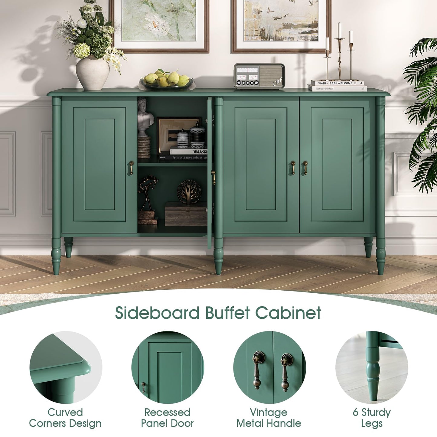 JOINICE 59" Sideboard Buffet Cabinet with Storage,Vintage Credenza with Adjustable Shelves & Solid Wood Legs,Accent Cabinet for Living Room,Dining Room,Kitchen,Bar,Entryway,Hallway,TV Console,Green