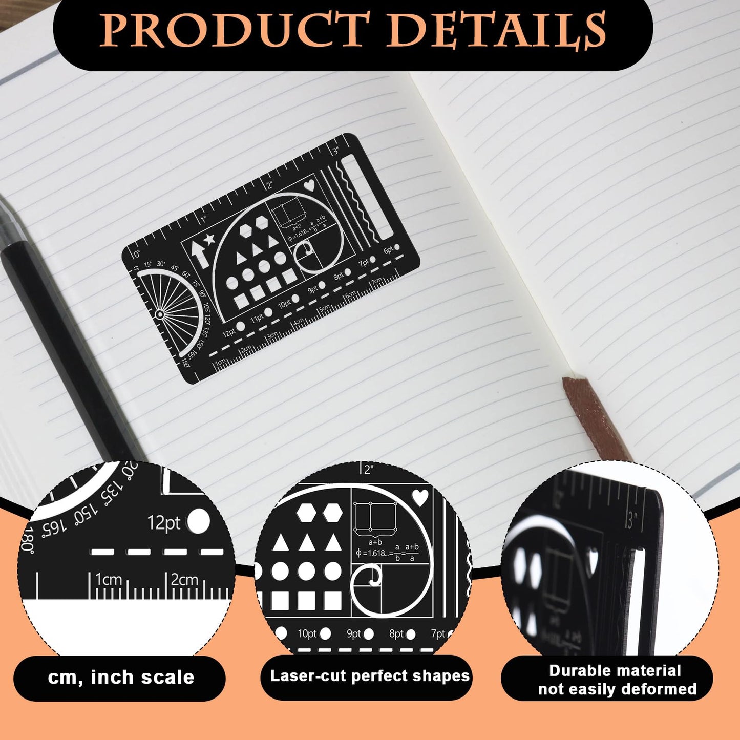 Humyoun Journal Stencil and Drawing Template Ruler Conversion Protractor Golden Ratio, Stainless Steel Bookmark Model Kit School Drafting Equipment for Students Bible Journaling Sketching Notes
