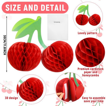 Sonwyoung Cherry Birthday Party Decorations Hanging Paper Honeycomb Cherry Table Centerpieces Paper Lanterns for Ceiling Fruit Party Decor(Red)