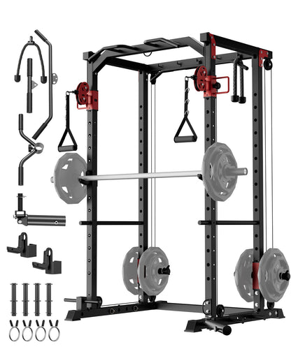 Garvee Power Cage, Multi-Functional Power Racks for Home Gym with Dual Pulley Systems, 1200 LBS Weight Capacity Fitness Squat Rack for Strength Workout with More Training Attachment, Red
