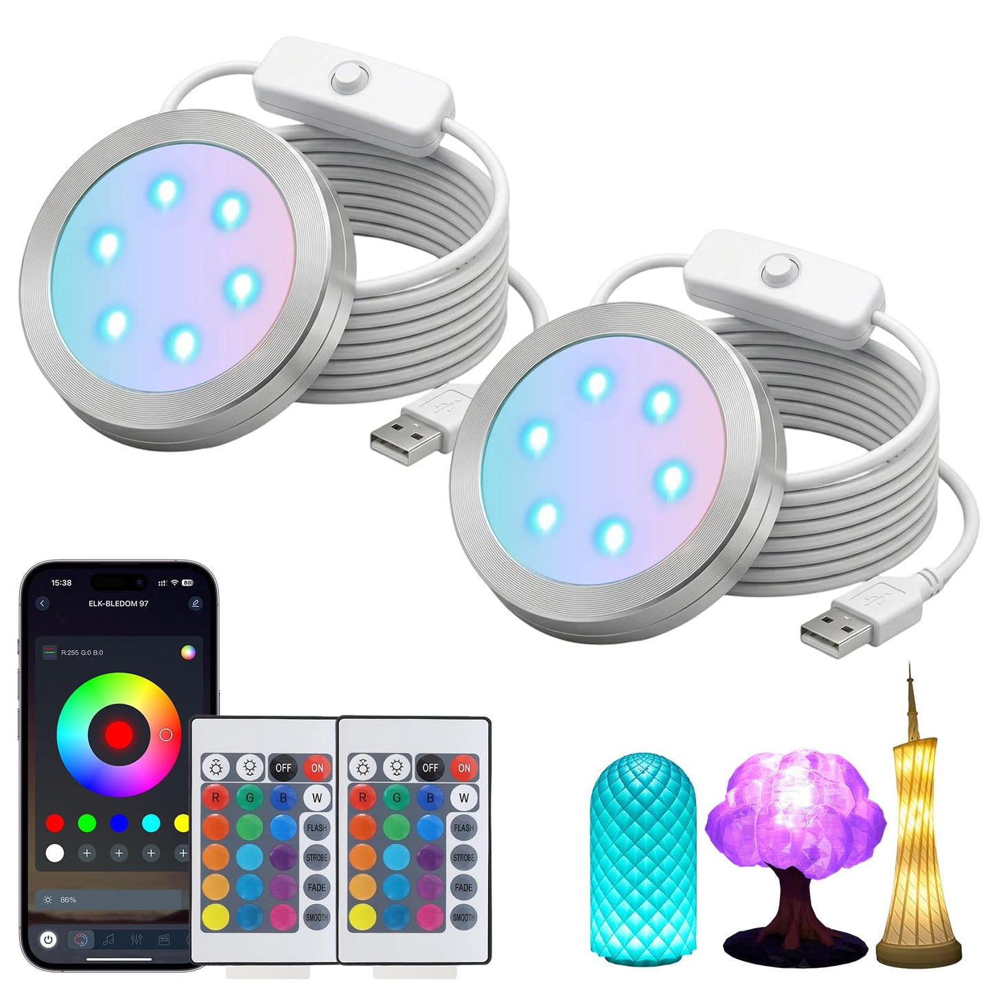 Smart LED Lamp Kit 001 for Bambu Lab 3D Printing,IR&APP Control RGB Puck Light,DIY Hardware for MakerWorld Models, Timer & Group Control,MH001 USB 5V Small Round Lamp Kit for 3D Printed Light(2 Pack)