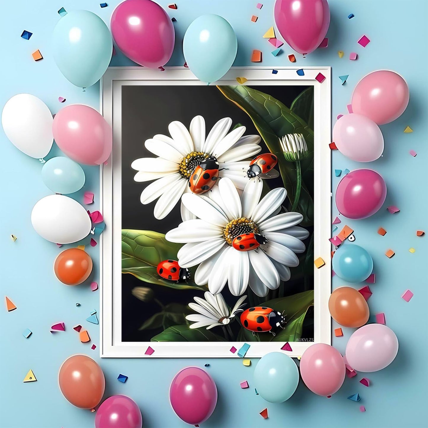 AUKVLZS 5D Diamond Painting Kit Ladybugs on Beautiful Flowers Diamond Art Kits for Adults DIY Flower Round Full Drill Paintings with Diamonds Gem Art for Adults Home Wall Decor 12x16 inch