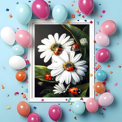 AUKVLZS 5D Diamond Painting Kit Ladybugs on Beautiful Flowers Diamond Art Kits for Adults DIY Flower Round Full Drill Paintings with Diamonds Gem Art for Adults Home Wall Decor 12x16 inch