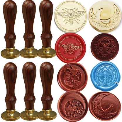Wax Seal Stamp Kit, 6 Pcs Wax Seal Stamp Head 1 Wooden Wax Seal Kit, Sealing Wax Stamp Seal Set Include Bee, Butterfly,Cat, Dragonfly, Wolf, Bird Sealing Wax Stamps for Wedding Invitation (6A)