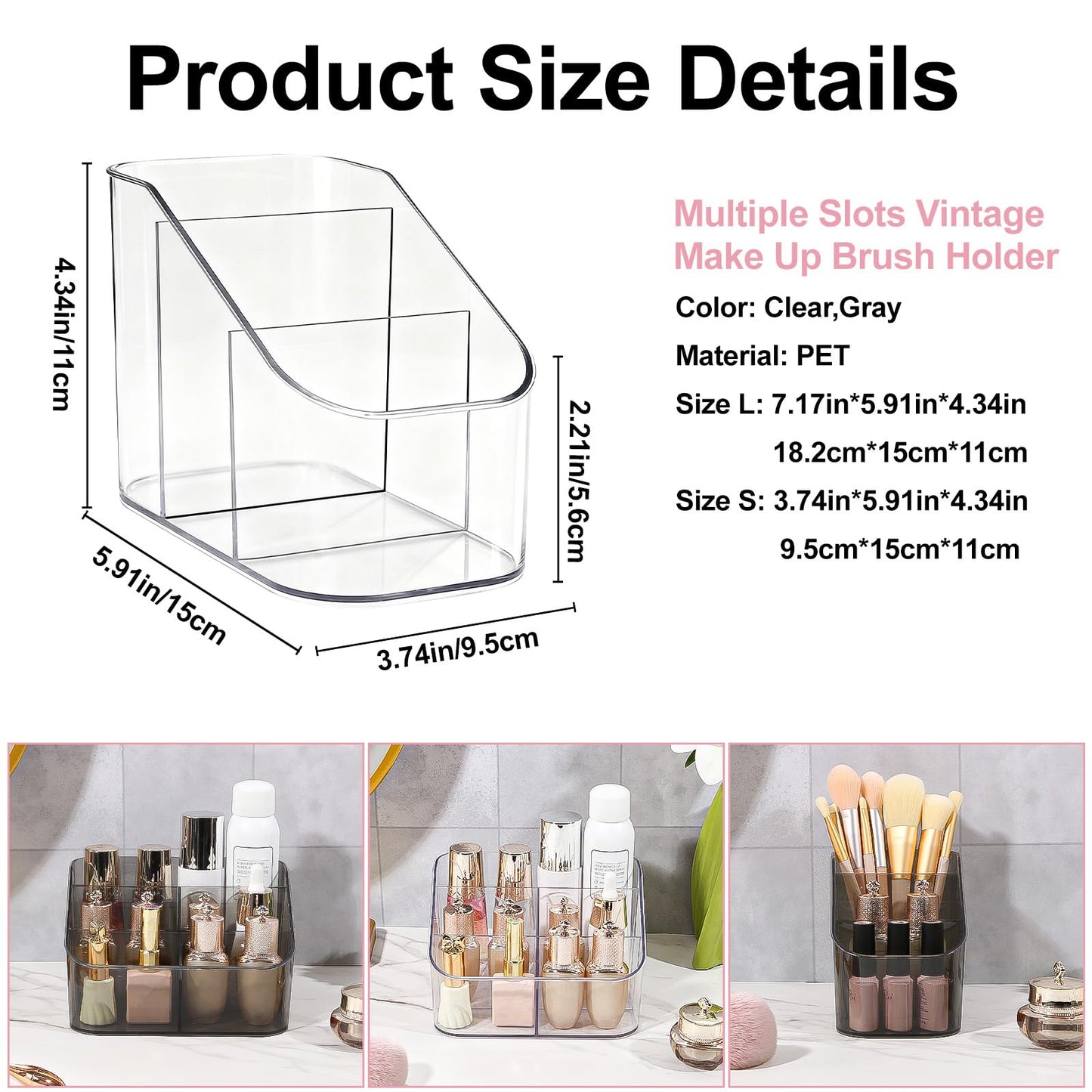 DASITON 3 Slots Makeup Brush Holder, Acrylic Make Up Brush Holder Organizer for Vanity, Bathroom Countertop, Small Makeup Organizer Brush Cup Cosmetic Brushes Storage, Pen Holder for Desk (Clear S)