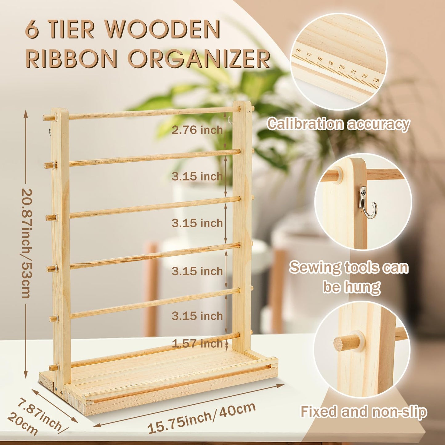 Menkxi 6 Tier Wooden Ribbon Organizer Ribbon Holder for Craft Room Storage Florist Spool Rack Wreath Making Supplies Gift Wrapping Organizer for Sewing Stabilizer Rolls Mothers Day Gift Spring Wedding