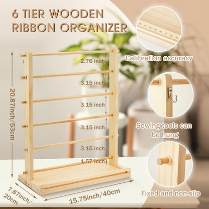 Menkxi 6 Tier Wooden Ribbon Organizer Ribbon Holder for Craft Room Storage Florist Spool Rack Wreath Making Supplies Gift Wrapping Organizer for Sewing Stabilizer Rolls Mothers Day Gift Spring Wedding