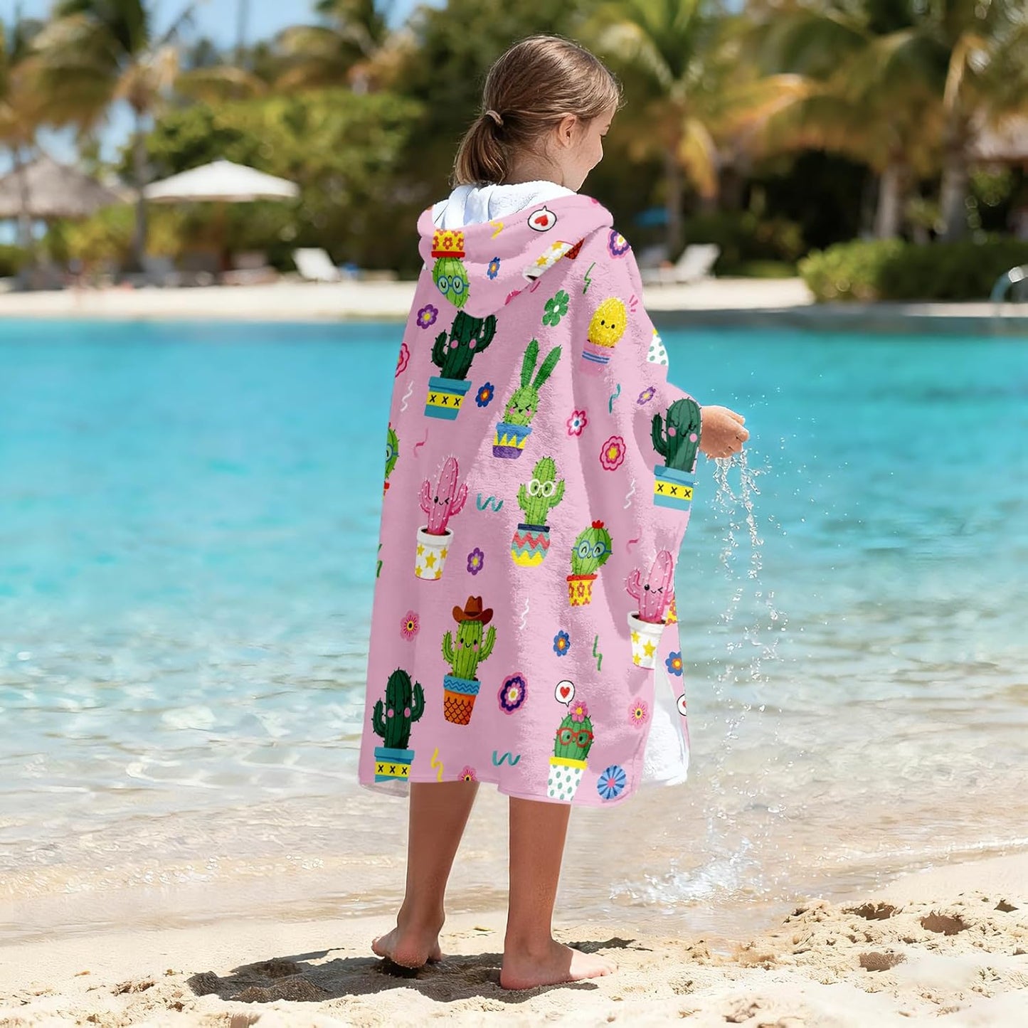 JOPJOLIW 30" 50", Cactus Hooded Towel for Kids x Cute Dancing Cactus Print Blanket, Soft Flannel Blanket Wearable Bath