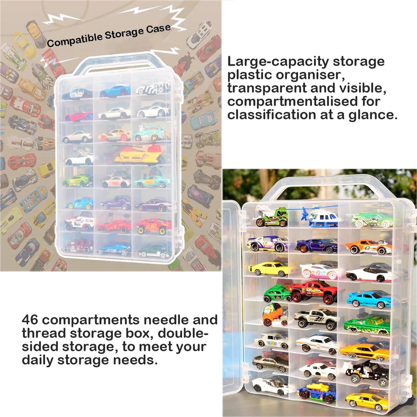 Double-Sided Sewing Organizer Box with 46 Grids - Clear Plastic Thread Storage Case for Embroidery Floss, Sewing Threads, Needles, Beads & Craft Supplies (Portable Craft Organization Container)