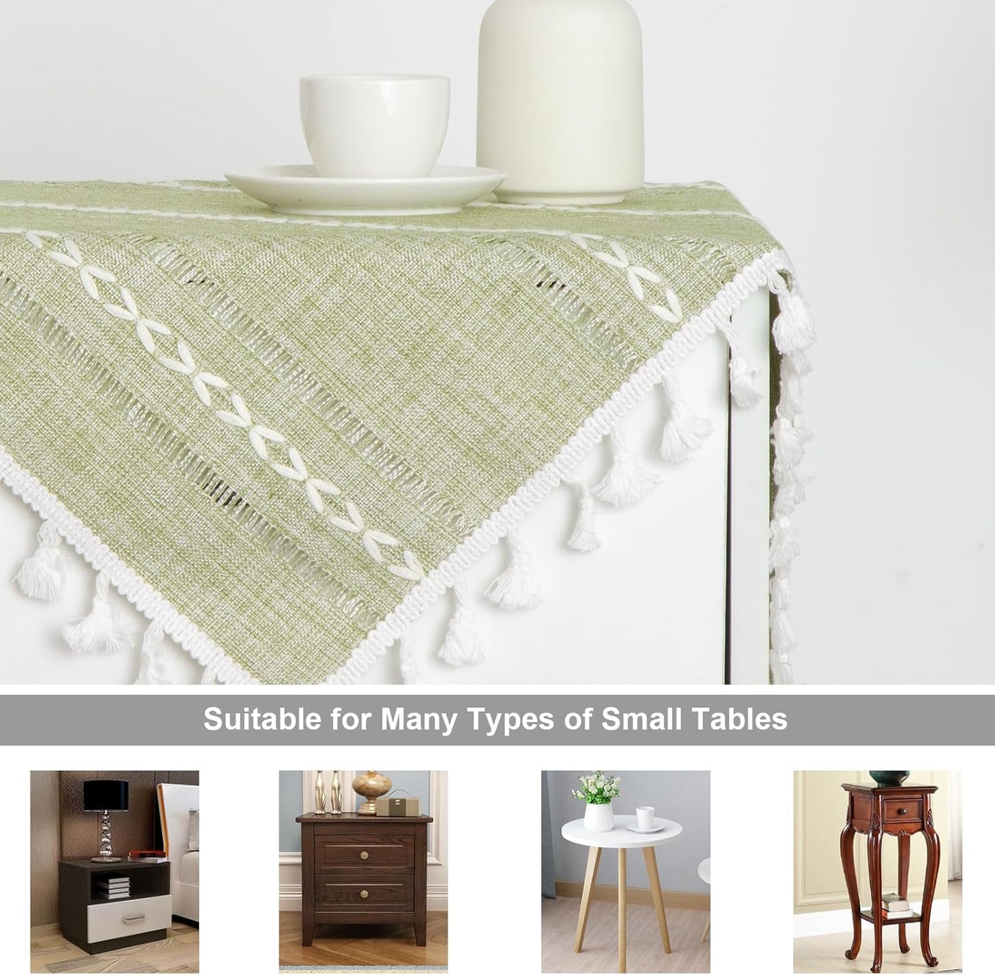 24 24 Inch Rustic Bedside Square Small Tablecloth Striped Embroidered Washable Sage Green Table Cover Farmhouse