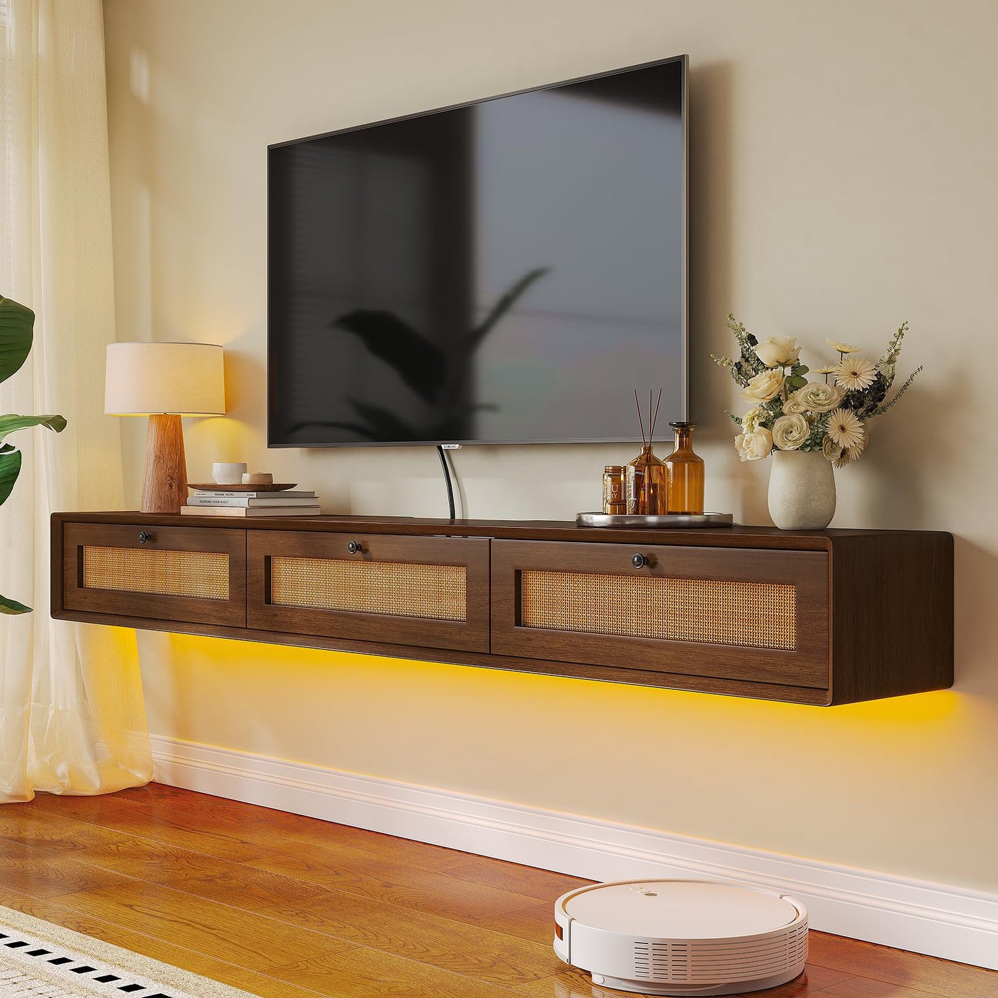 FurniNova 78'' Floating TV Stand with Rattan Doors, Wall Mount TV Console Cabinet, Fully Assembled Floating Entertainment Center, Matte Finish, Plywood Media Cabinet for Living Room