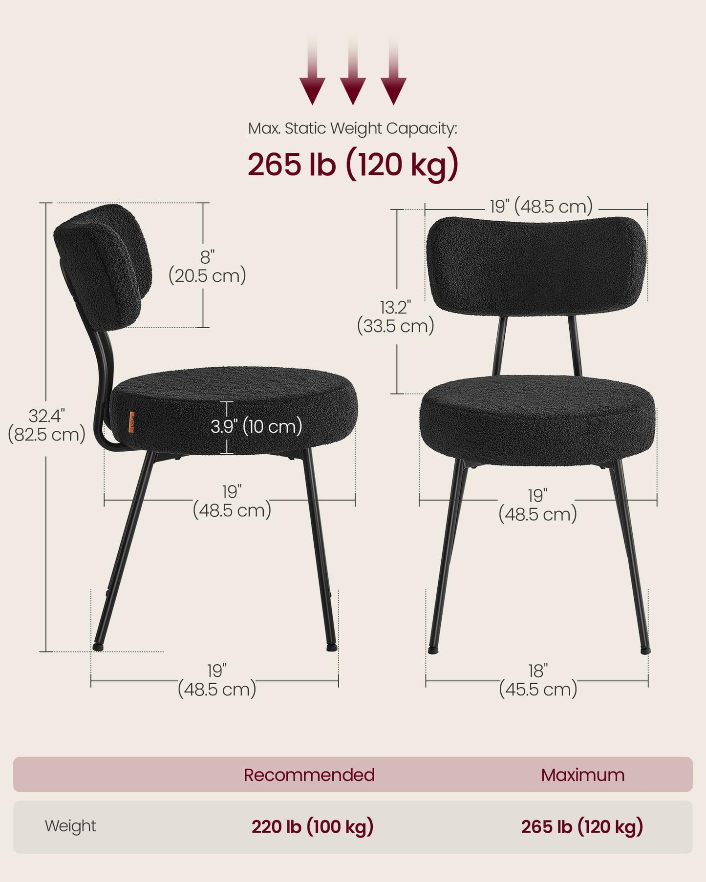 VASAGLE Boucle Dining Chairs Set of 4, Upholstered Kitchen Dining Room Chairs with Curved Backrest and Steel Frame, Modern Mid Century, Round, for Vanity, Living Room, Ink Black UKDC110B14