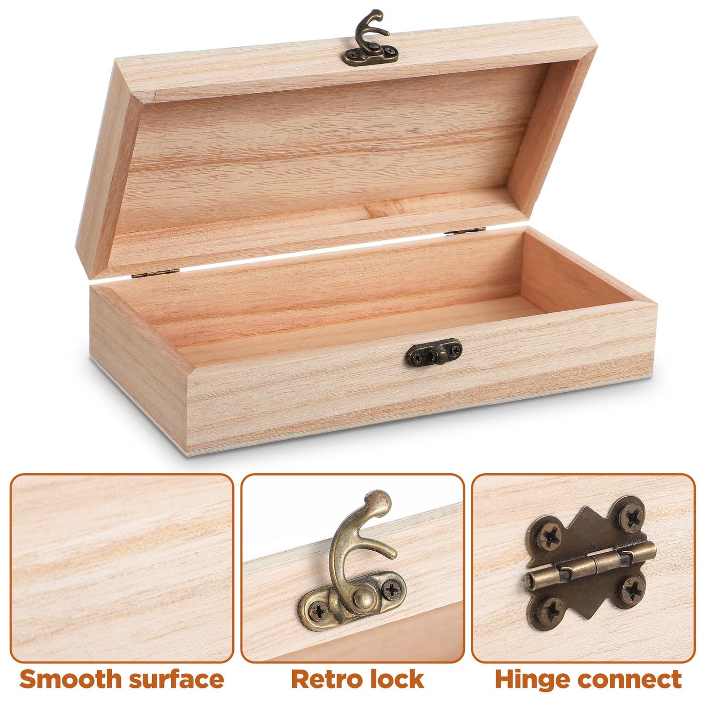 10 Pack Wooden Box with Hinged Lid, Unfinished Wood Box for Crafts, Large Unpainted Wooden Boxes for DIY Art Gifts Storage Jewelry, 8x4x2 Inch