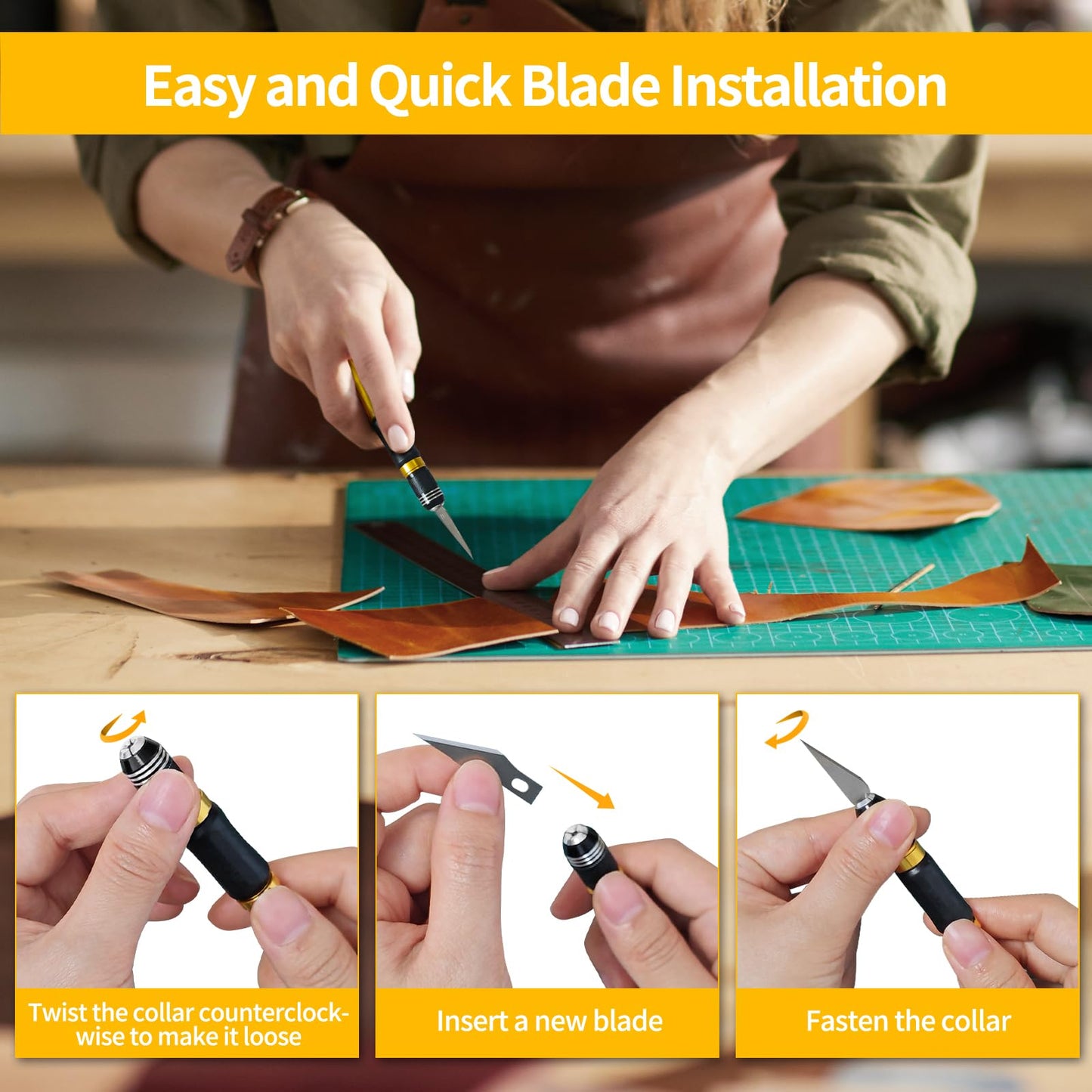 Multifunctional Precision Hobby Knife Set (14pcs) - Craft Knife, Exacto Knife Set for Artwork, Scrapbooking, Stenciling, Architecture Modeling, Woodworking & Leatherworking (Yellow)