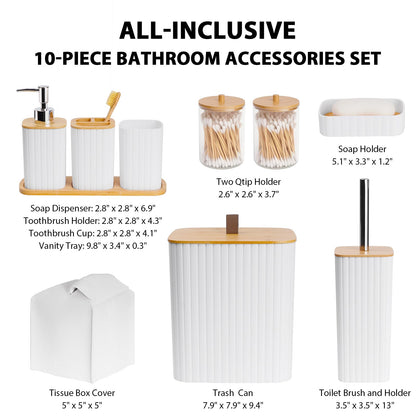 Bathroom Accessory Set - 10 Piece White Bathroom Sets Complete with Trash Can, Toothbrush Holder & Cup, Soap Dispenser, Soap Dish, Toilet Brush & Holder, Vanity Tray, Qtip Holder, Tissue Box Cover