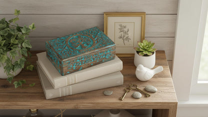 Great Birthday Gift Handmade Decorative Wooden Jewelry Box With Tree Of Life Carving Jewelry Organizer Keepsake Box Treasure Chest Trinket Holder Watch Box Storage Box Housewarming Gifts (Blue)