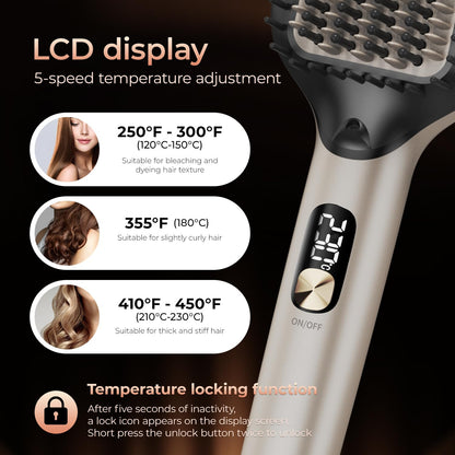 PRITECH Hair Straightening Brush Ionic 250-450°F Fasting Heating Anti-Scald & Auto-Off, Wide Plates Flat Iron Comb Teeth Dual-Voltage Straightener Hot Brush Ionizer Anti-Frizz (Black)