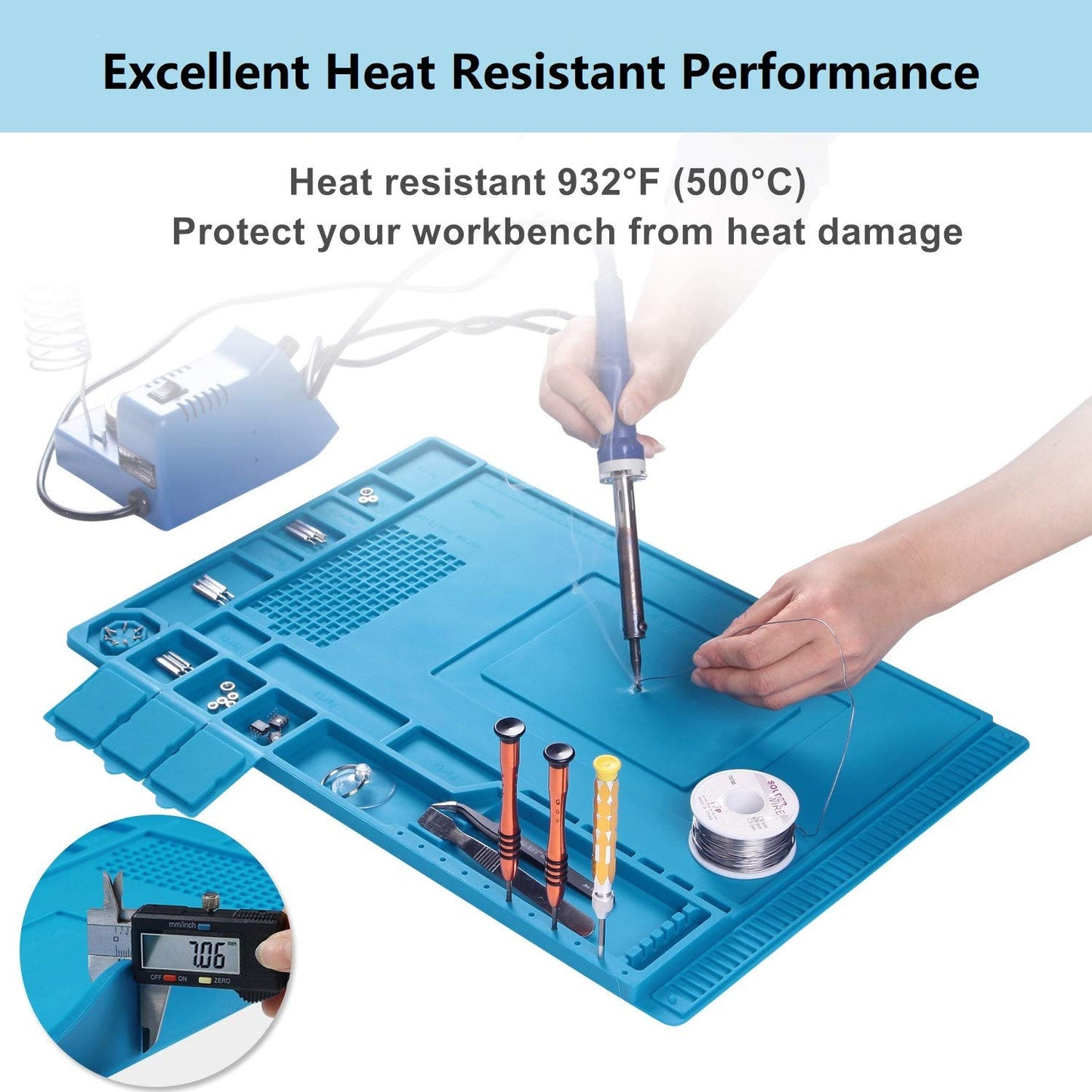 Solder Mat, Large Silicone Electronics Repair Mat, Premium Heat Resistant 932°F Magnetic Soldering Mat for Cell Phone, Laptop Repair, BGA Soldering Gun Iron 17.7''x 11.8'' Blue