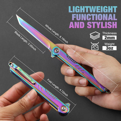 DRACHENADER Tanto Folding Knife for Women and Men, Rainbow Pocket Knife Color Slim Gentleman's Tanto Balde Small EDC Knife for Keychain