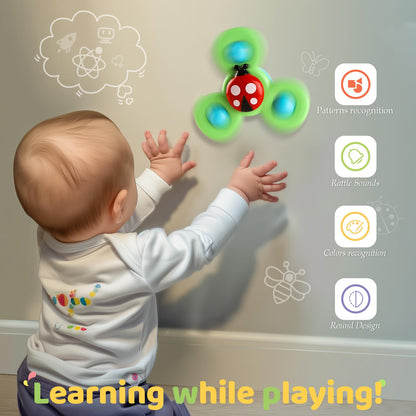 ALASOU 3PCS Suction Cup Spinner Toys for 1 Year Old Boy Girl|Spinning Top Baby Toys 12 18 Months|1 2 Year Old Boy Birthday Gift|Baby Bath Toy for Kids Ages 1-3|Sensory Toy for Toddlers 1-3